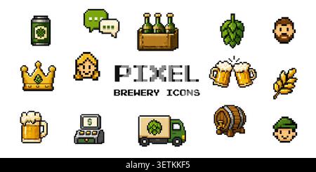 Brewery themed pixel icon collection featuring beer, brewing equipment and management interface elements for retro games, apps and dashboards. Stock Vector