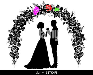 Romantic Wedding Couple Silhouette Floral Arch Design Art Stock Vector