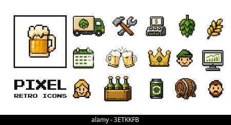 Preview of a brewery themed pixel icon collection featuring a beer mug and management interface elements for retro games and apps. Stock Vector