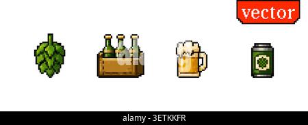 Pixel brewery icons featuring hops, beer bottles, a crate, beer mug and can for retro games, apps and management interfaces. Stock Vector