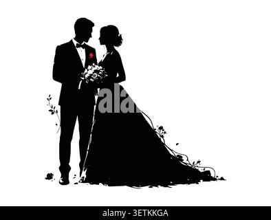 Romantic Wedding Couple Silhouette Bride Groom Elegant Art Stock Vector