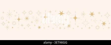 Celestial boho border with gold stars, golden line sparkle divider. Magic separator, spiritual decoration. shiny space elements, Festive lights . Vector illustration Stock Vector