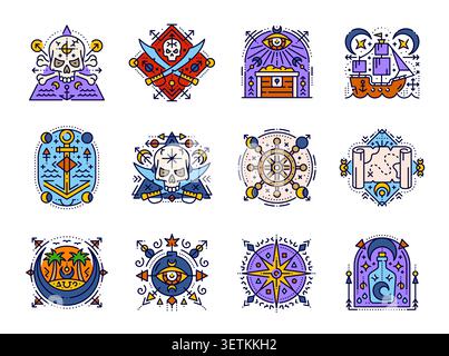 Sacred esoteric pirate symbols of vector line corsair ship, treasure island, chest and map. Pirate crossbones, skull and swords, sailboat wheel, anchor and bottle outline icons with esoteric symbols Stock Vector