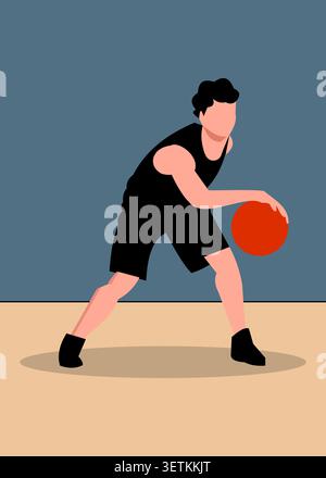 Flat vector illustration of a basketball player dribbling during training, representing athletic performance, fitness, competition, and active lifesty Stock Vector