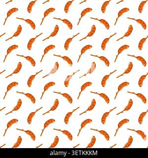 Seamless cartoon pattern with grilled camping sausages on wooden sticks. Cartoon vector print on white background. Stock Vector