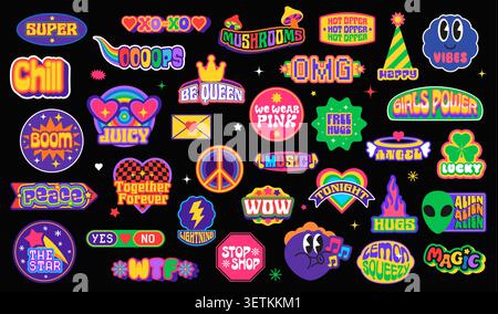 Retro y2k stickers and groovy icons, patch labels of vector shapes with cool trendy elements. Vintage groovy stickers pack of smile emojis, y2k fire, heart and star, hippie peace, flowers, lightning Stock Vector