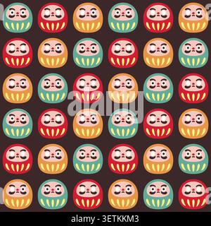 Seamless Pattern of Multicolor Daruma Dolls on Dark Brown Background Vector Illustration Stock Vector