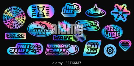 Hologram rainbow y2k stickers, iridescent label patches with gradient. Vector retro y2k silver metal hologram badges, funny emoji stickers and iridescent star, heart, circle and oval geometric shapes Stock Vector