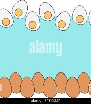 farm boiled half eggs and whole Egg colored horizontal border frame template hand drawn illustration. Vector graphic line art. Chicken or duck egg sha Stock Vector