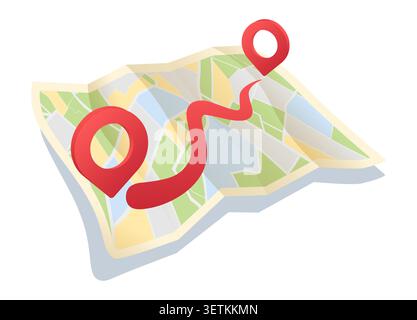 Folded Map with Route and Location Pins. Paper map with colorful landscape. Vector illustration on white background Stock Vector