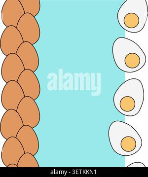 farm boiled half eggs and whole Egg colored Vertical border frame template hand drawn illustration. Vector graphic line art. Chicken or duck egg shape Stock Vector