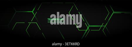Dark futuristic background with green hexagonal line pattern. Abstract black technology wide banner with glowing green hexagon outlines, angular lines Stock Vector