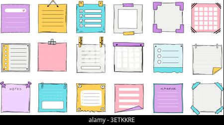 Cartoon planners, notes, blank shedule. Paper sticky list in doodle style. Kid sheet notes. Cute memo banner scrapbook template. Diary frame, notebook Stock Vector