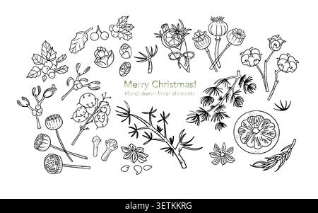 Hand drawn christmas floral elements set vector illustration black ink contours. Collection of winter holiday botanical sketches with pine branches Stock Vector
