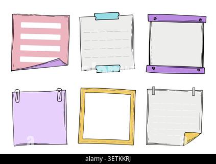 Paper stationery notes and stickers. Doodle memo messages. Hand drawn reminder in pastel colors or social media, messages planner office notice blog.  Stock Vector