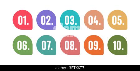 Colorful Solid Numbered Bullet Points 1 to 10 Vector Set Stock Vector