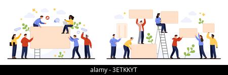 Group of diverse people holding empty posters and banners for messages, teamwork, protest, announcement, communication, isolated on white background vector illustration Stock Vector