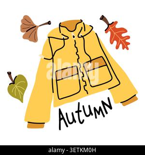 Cozy yellow autumn jacket vector icon with flying seasonal leaves. Cute hand drawn raincoat illustration for a cold rainy day Stock Vector
