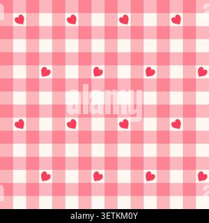 Seamless pattern with hearts on pink and white gingham background. Pink plaid check texture. Romantic wallpaper. Stock Vector