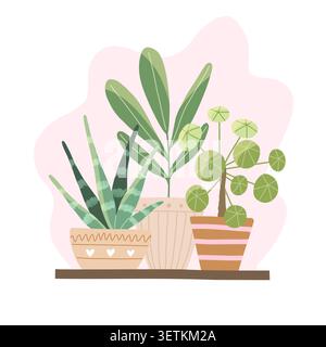 House plants in ceramic pots, hand drawn. Cute interior wellness elements. Hand drawn vector in simple style Stock Vector