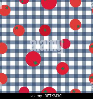 Tomatoes blue plaid pattern. Seamless fabric design pattern Stock Vector