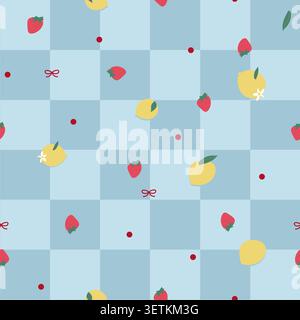 Blue plaid vibrant cherries lemons and bows seamless fabric design pattern Stock Vector