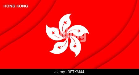Paper cut flag of Hong Kong featuring white five petal bauhinia flower with red stars. Papercut national holiday banner with layered curved wave shapes. Red Hong Kong flag for national day celebration Stock Vector