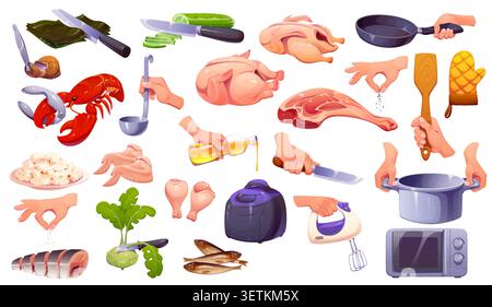 Cook food, cooking processes and kitchen utensil. Cartoon vector set of ingredients like meat, chicken, seafood and vegetable, culinary tools and actions as slicing, stirring, frying and boiling Stock Vector