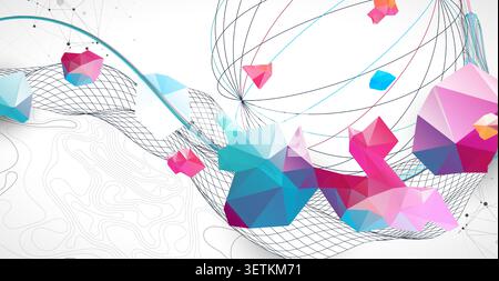 Abstract art background with scientific geometric concepts colorful low poly crystals and delicate wave lines. Vector Stock Vector