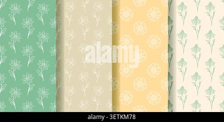 Spring and summer floral seamless pattern set. Delicate pastel backgrounds with wildflower silhouettes. Botanical natural universal prints for textile Stock Vector