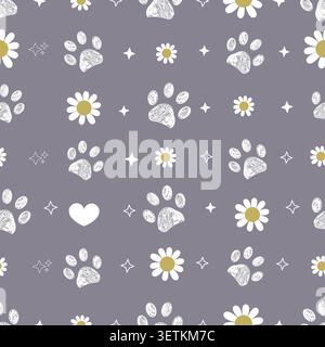 White paw prints with daisies seamless fabric design Stock Vector