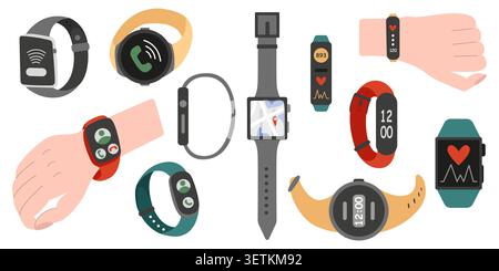 Smart watches on hands vector set Stock Vector