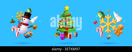 Set of 3d Christmas, snowman, tree and snowflake. Stock Vector