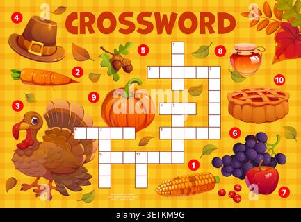 Crossword quiz game grid with autumn and Thanksgiving harvest. Cartoon vector crossword puzzle with turkey, pumpkin, carrot, honey jar, pie, acorns, apples, grapes, pilgrim hat, and autumn leaves Stock Vector