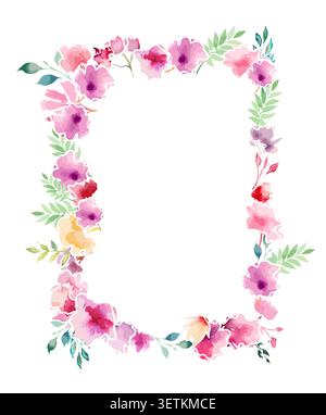 Rectangular frame postcard with watercolor flowers . Hand drawn. Not AI, vector illustration. Stock Vector