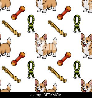 Adorable Corgi dog and pet toy seamless pattern vector illustration Stock Vector