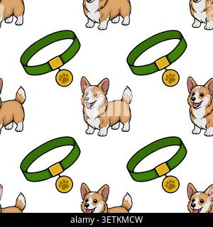 Adorable Corgi dog and collar seamless pattern vector illustration Stock Vector