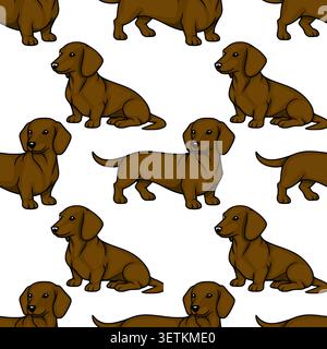 Seamless vector pattern of cute brown dachshund dogs in cartoon style, white background Stock Vector