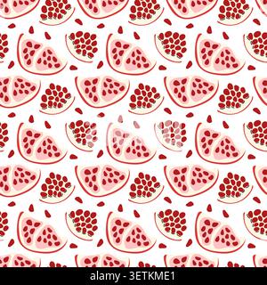 Seamless Pomegranate Slice Pattern with Red Seeds on White Background Vector Illustration Stock Vector