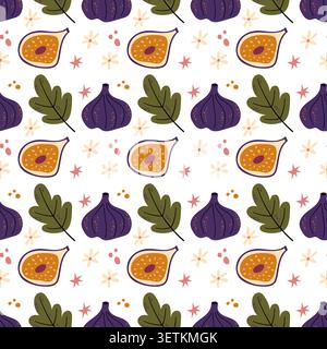 Seamless Sweet Fig Pattern with Leaves Stars and Dots Vector Illustration Stock Vector
