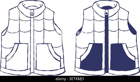 Puffer Vest Fashion Vest Clothing Set. Technical Outline Doodle of Padded Down Waistcoat with Pockets and Zipper. Isolated Blue Hand Drawn Sketch. Iso Stock Vector