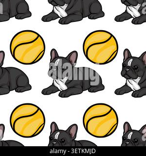 Seamless vector pattern of playful French Bulldogs with bright yellow tennis balls, cartoon style Stock Vector