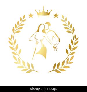 Stylized partner dance emblem featuring an elegant dancing couple surrounded by a laurel wreath. Ideal for dance schools, dance academies, ballroom an Stock Vector