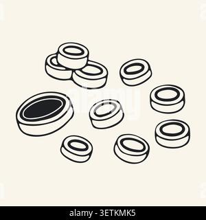 Hand drawn vector illustration of a pile of button cell batteries. Various sizes of small round coin batteries for electronics. Minimalist doodle Stock Vector