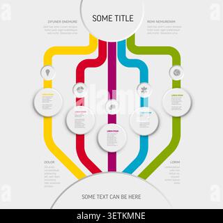 This business infographic features five colorful paths connecting two main circles. Use this clean infographic template to visualize your complex busi Stock Vector