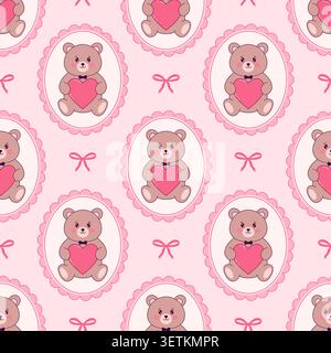 Seamless pattern of a cute bear holding a pink heart in a scalloped frame.  Stock Vector