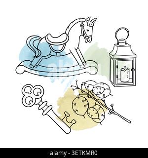 Christmas winter vintage doodle collection with colorful watercolor splashes on white background. Festive hand drawn elements including rocking horse Stock Vector