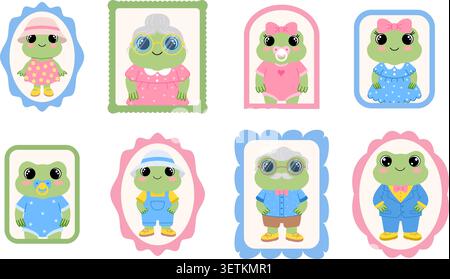 Collection of cartoon frog family portraits in decorative frames.  Stock Vector