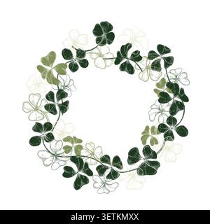 Clover leaf green wreath silhouette and outline vector drawing. Hand painted delicate botanical frame of four leaf clovers. Design for Saint Patrick Stock Vector