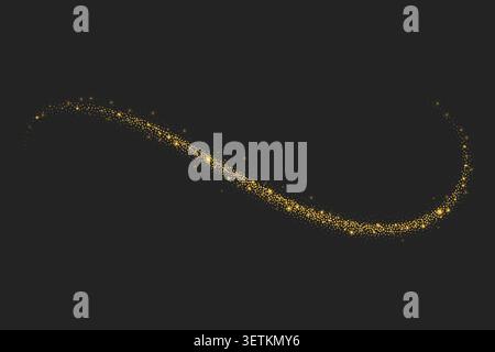 Golden dust with glitter with wavy swirl line. Vector magic glow effect of sparkles and confetti. Shiny trail of stars and sequins particles Stock Vector